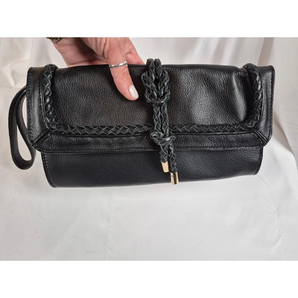 Tommy Bahama Soft Black Leather Clutch Wristlet Braided Trim‎ Large Envelope